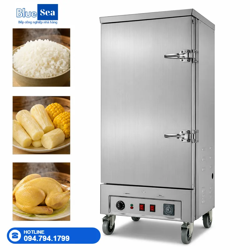 Tủ nấu cơm 12 khay ga điện kết hợp Tủ nấu cơm 12 khay ga điện kết hợp inox 304 Blue Sea